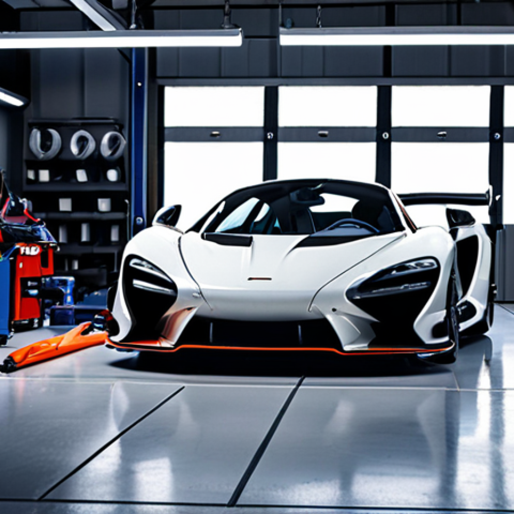**

A McLaren Senna in a high-end garage, surrounded by tools and equipment indicative of specialized maintenance. Focus on the expensive tires and a mechanic meticulously working on the engine. Emphasize the luxurious environment and the precision involved.

**